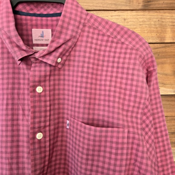 Johnnie-O Hanging out Mens Checked Long Sleeve Button Down Shirt L Pink Cottage - Picture 3 of 9